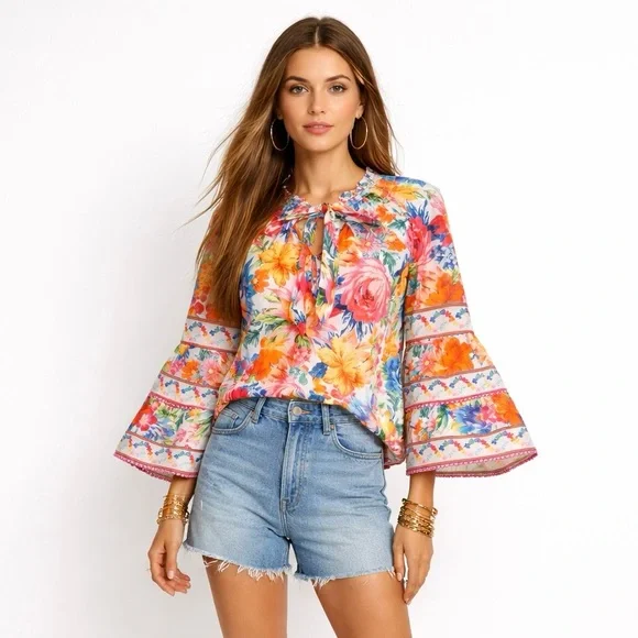 Hale Bob Top Lucinda Pink Orange Blue Floral Bell Sleeve Boho Resort Blouse M - Picture 1 of 15